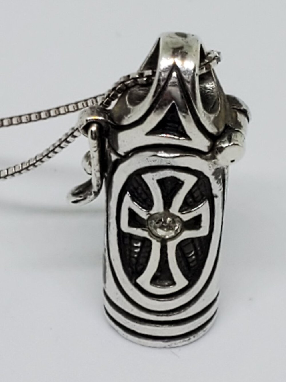 Sterling Silver Prayer Cross Rhinestone Capsule Keepsake Pendant Necklace